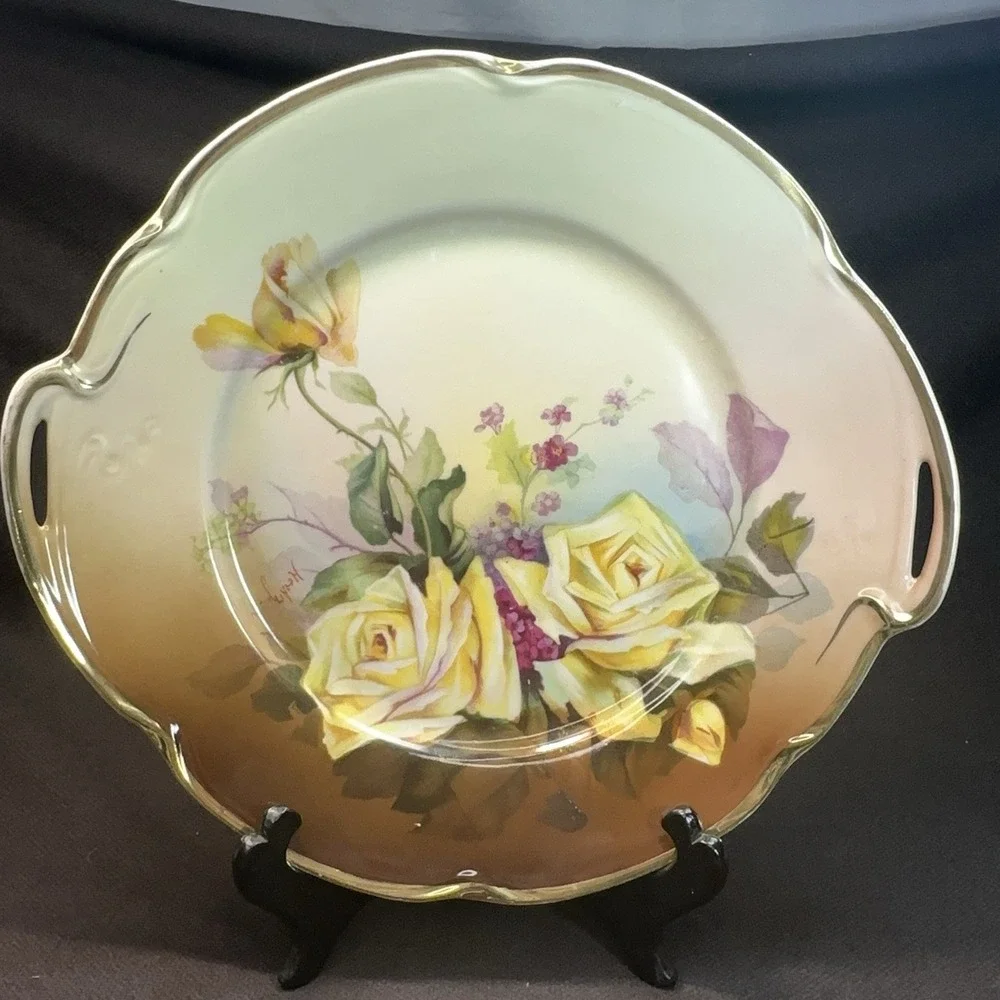 Antique‎ J&G Louise Bavaria Hand Painted Yellow Roses Cake Plate Signed Handled